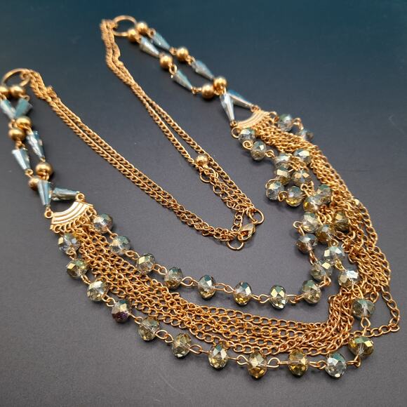 Silver Crystal Bead Gold Chain Necklace, Unique Cone Beads, 35" - Picture 12 of 16